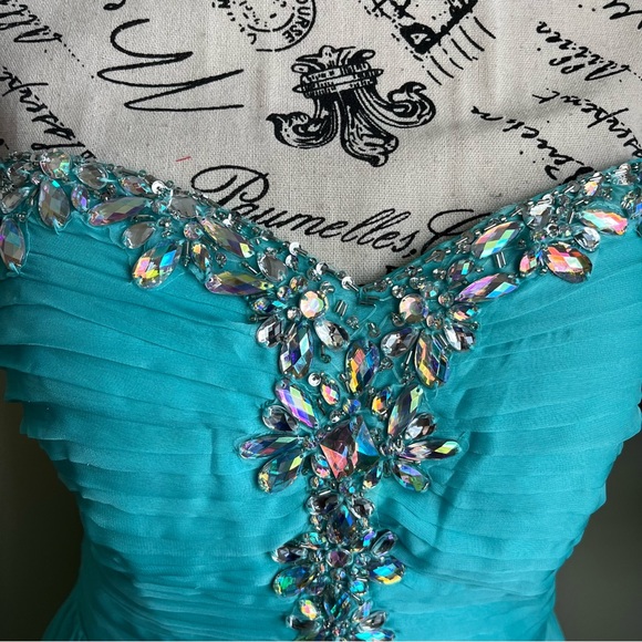 EVA USA Strapless Embellished Floor Length Gown Turquoise Sz M - Picture 3 of 16